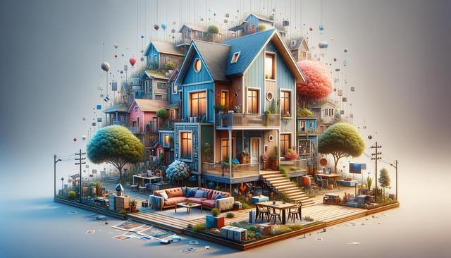 A whimsical scene of floating houses and trees with glowing interiors, surrounded by floating objects and balloons in a soft, dreamy atmosphere.