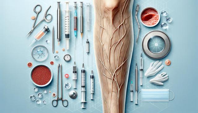 A leg with visible blood vessels surrounded by medical tools and supplies on a light blue background.