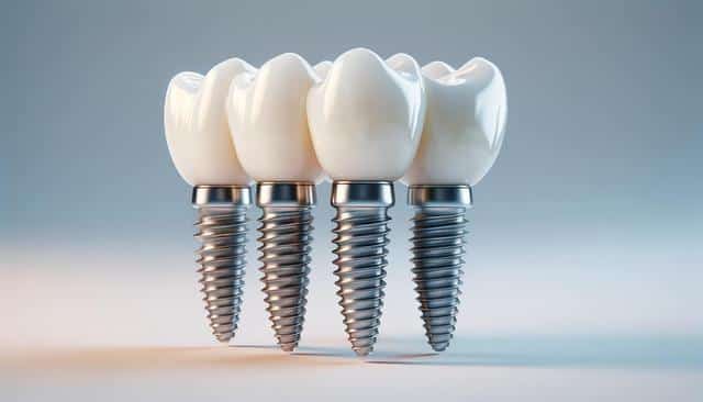 Four dental implants with white crowns and metal screws on a light background.