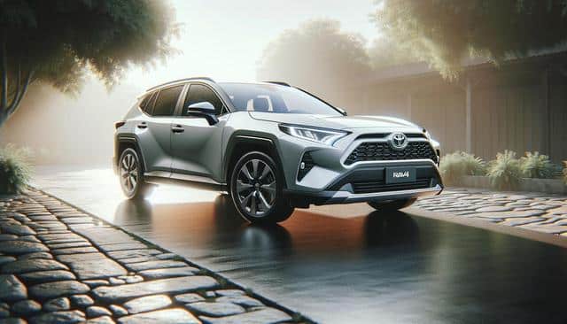A Toyota RAV4 SUV is parked on a wet cobblestone street, surrounded by trees, in soft sunlight.