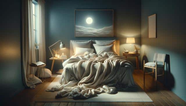 Cozy bedroom with a bed, soft lighting, and moon painting on dark walls.
