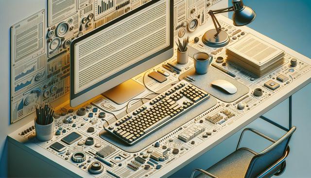 Futuristic desk with a computer, keyboard, lamp, and numerous buttons and dials on the surface and wall.
