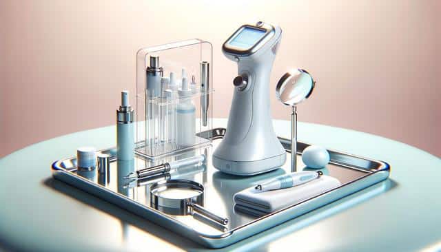 Skincare tools and gadgets on a reflective tray, including a magnifying glass, bottles, and a digital device.