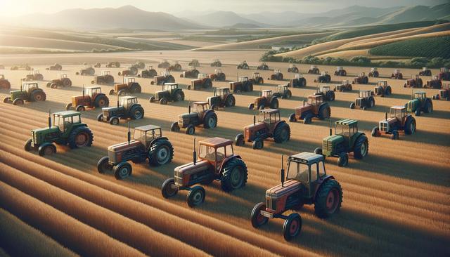 Rows of colorful tractors in a wheat field under a hazy sky.