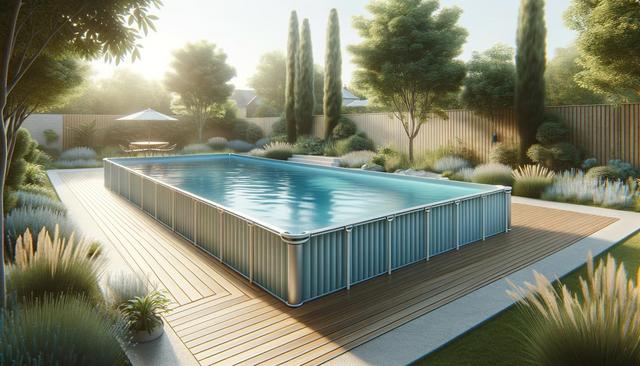 A rectangular above-ground pool with wooden decking, surrounded by lush greenery and tall trees, in a sunlit backyard.
