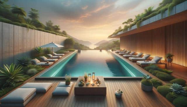 Luxurious infinity pool with loungers and lush greenery at sunset, overlooking misty mountains.