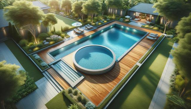 A modern backyard with a large pool, a circular hot tub, wooden decking, lush greenery, and a poolside lounge area.