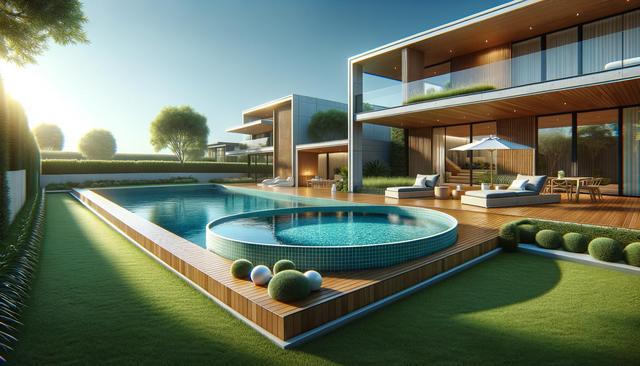 Modern house with large glass windows, wooden terrace, circular and rectangular pools, surrounded by greenery.