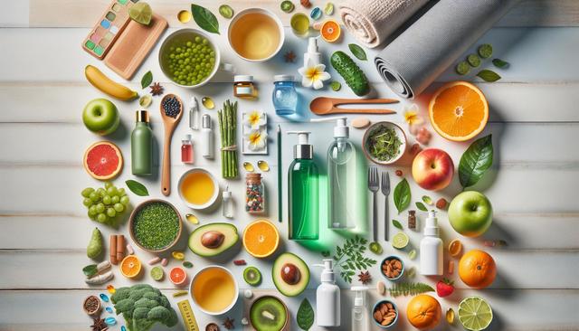 Assorted fruits, vegetables, skincare products, and wellness items arranged aesthetically on a light surface.