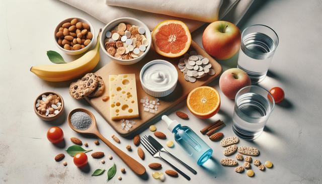 Assorted healthy foods, supplements, a blue dropper bottle, and two glasses of water arranged on a table.