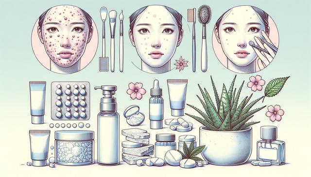 Illustration of three faces showing acne treatment stages, surrounded by skincare tools and products.