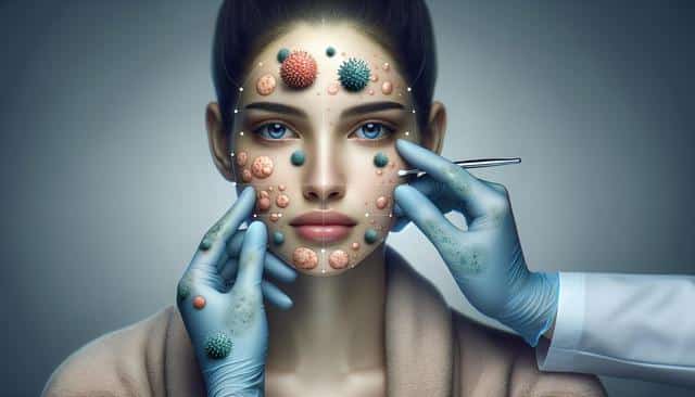 A woman with a serene expression has colorful, textured spots on her face, while gloved hands examine her skin.