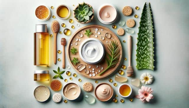 A flat lay of skincare items with creams, oils, aloe, flowers, and wooden tools arranged aesthetically.