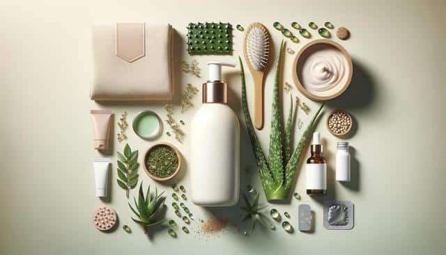 Flat lay of skincare products, aloe leaves, herbs, and pills on a light background.