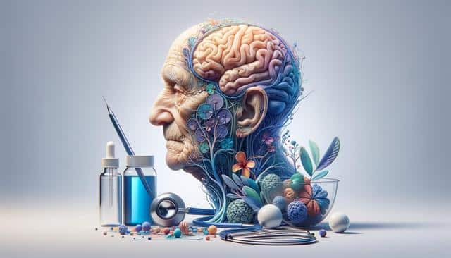Elderly man's head with visible brain, surrounded by flowers, medical tools, and colorful objects.