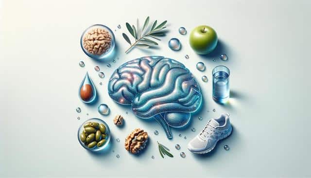Illustration of a brain surrounded by a shoe, glass of water, apple, nuts, olives, leaves, almond in water drop, and small droplets.