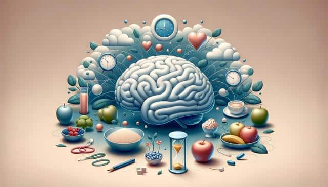 A stylized brain with clocks, hearts, clouds, fruits, and various objects symbolizing health and time.