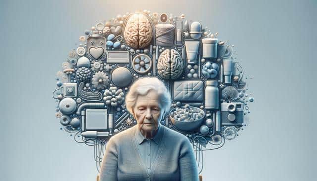 Elderly woman with a collage of brain and science-themed objects forming a brain shape around her.