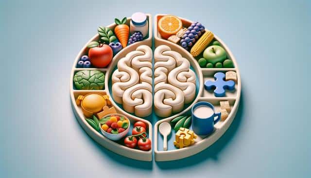 A plate of brain-shaped food sections with fruits, vegetables, and puzzle pieces.