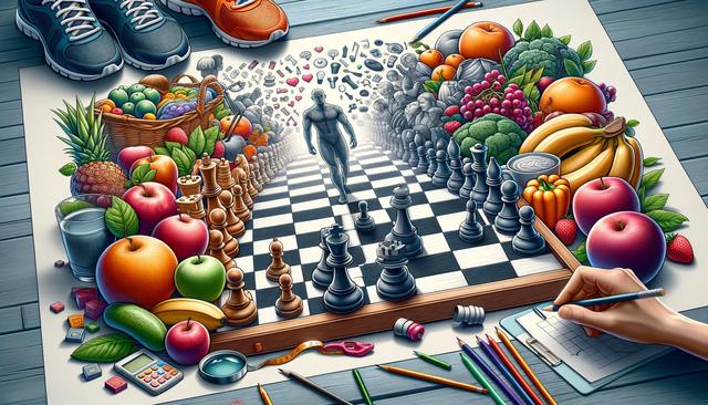 A surreal image with a chessboard path lined with colorful fruits, leading to a figure walking towards symbols. Sneakers, pencils, and papers are on the side.