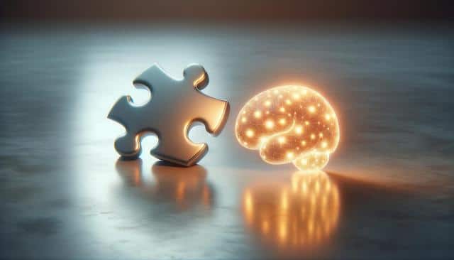 A glowing brain network next to a silver puzzle piece on a reflective surface.
