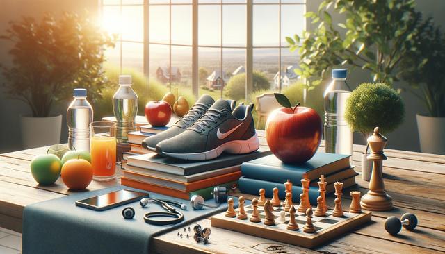 A table with sneakers, books, fruits, water bottles, chess set, phone, stethoscope, and dumbbells, in a sunlit, plant-filled room.