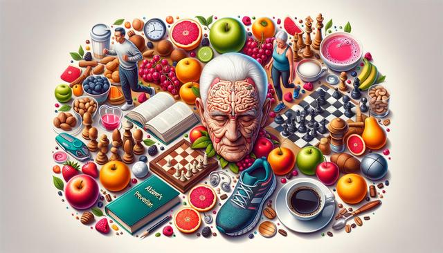 A collage of healthy foods, exercise, books, chess, and an elderly face with a brain illustration.