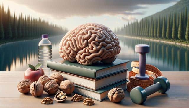 A brain model on books, surrounded by walnuts, an apple, a water bottle, dumbbells, and a measuring tape, with a lake and trees in the background.