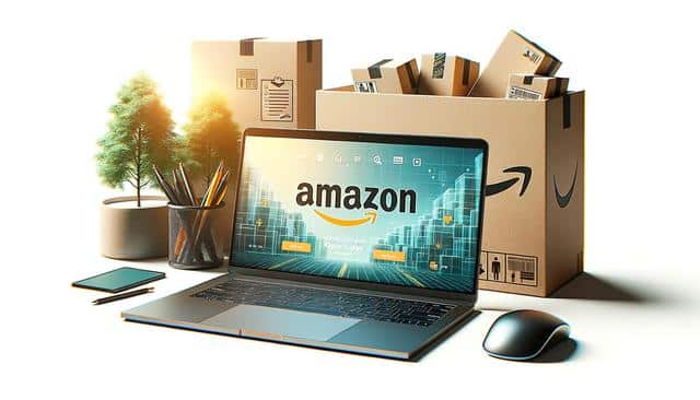 A desk with a laptop displaying the Amazon website, surrounded by shipping boxes, a potted tree, and office supplies.