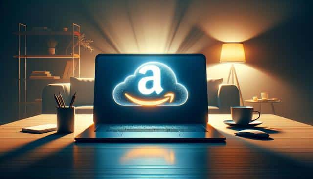 A glowing laptop screen displays a cloud with a stylized letter "a" in a cozy room with warm lighting and a sofa.
