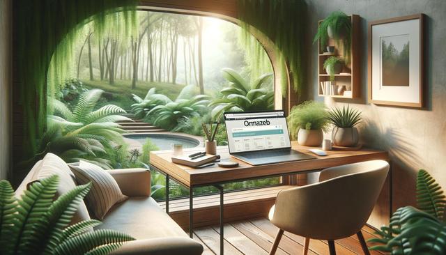 Cozy workspace with a laptop overlooking a lush garden, featuring ferns and soft lighting from a large window.