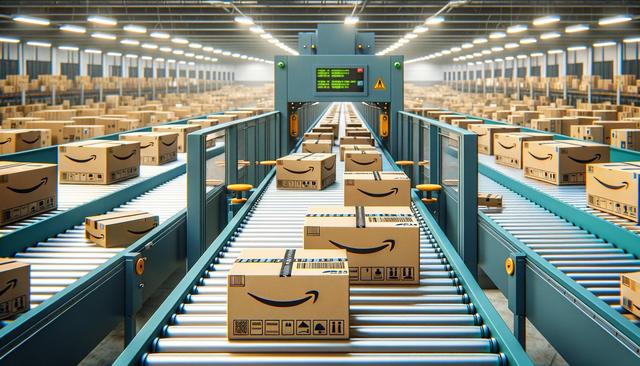 A warehouse with multiple conveyor belts transporting numerous cardboard boxes displaying a smiling logo.