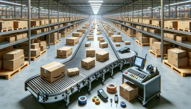 A warehouse with shelves of boxes, a conveyor belt moving packages, and a workstation with control equipment.