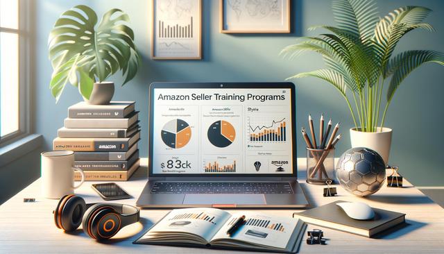 A sunny desk with a laptop displaying Amazon Seller Training graphs, surrounded by plants, books, headphones, a phone, pencils, a soccer ball, and a cup.