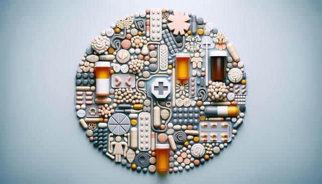 Circle made of various pills and medicine bottles on a pale blue background.