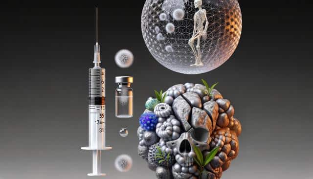 A syringe and vial float beside an abstract skull with plants, bubbles, and a skeleton in a geometric sphere.