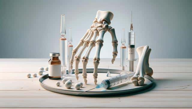 A skeletal hand and foot with syringes, vials, and round pills on a tray.
