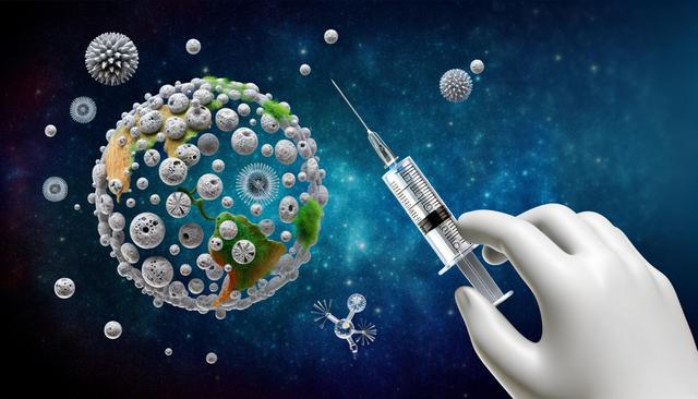 A gloved hand holds a syringe near a globe covered in viruses against a space background.