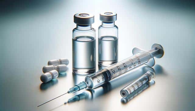 Two vials, a syringe, and a few capsules on a reflective surface.