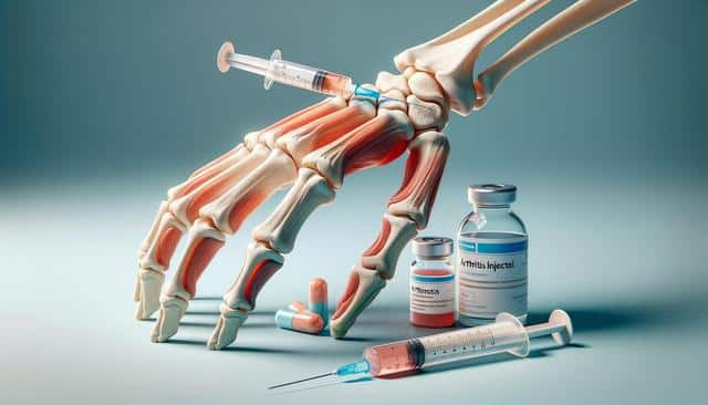 Anatomical hand with a syringe injecting into a joint, surrounded by arthritis medication vials and pills.