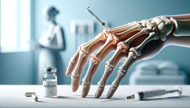 X-ray of a hand receiving an arthritis injection, with medication and syringe nearby.