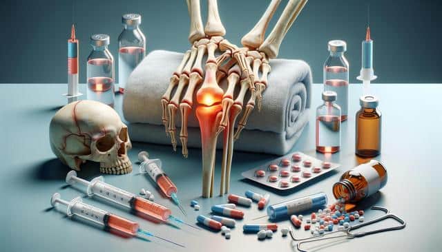 Medical scene with a glowing knee joint, syringes, pills, a skull, and vials.