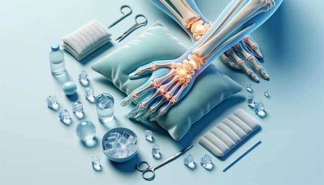 X-ray view of hands on a pillow surrounded by ice, medical tools, and a water bottle.