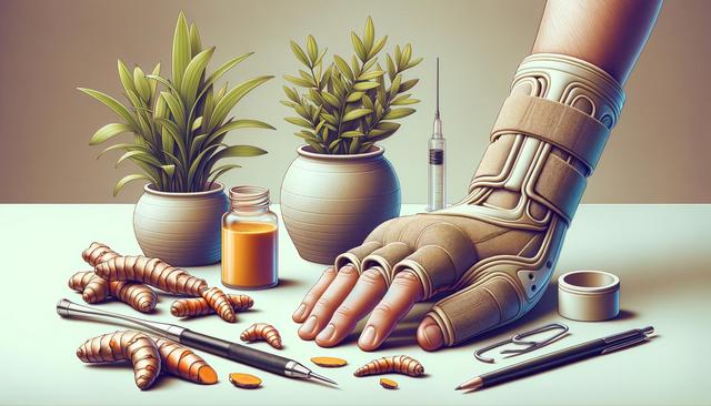 A cybernetic hand amid turmeric roots, a syringe, potted plants, and writing tools on a table.