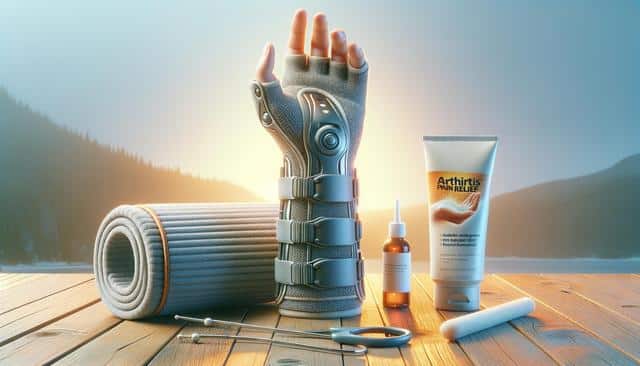 Orthopedic hand brace, arthritis cream, and medical tools on a wooden table with a mountain view.
