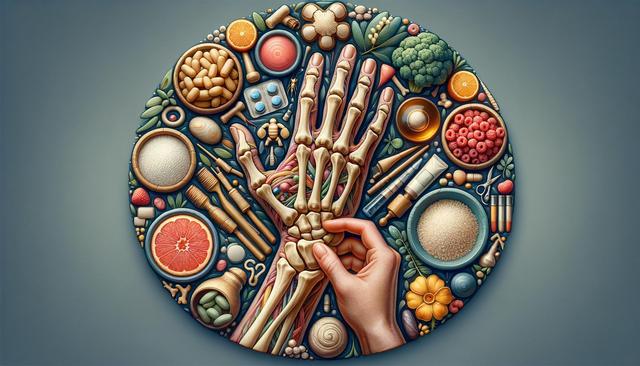 A hand with visible bones and tendons, surrounded by foods and health items in a circular arrangement.