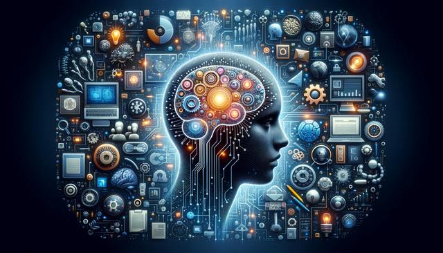 Silhouette of a head filled with gears and circuits, symbolizing artificial intelligence and technology.