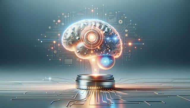 A glowing digital brain with circuits and data patterns emanating from a base.