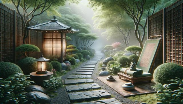 Serene Japanese garden with a stone path, lanterns, a pagoda, lush greenery, and a meditation area.