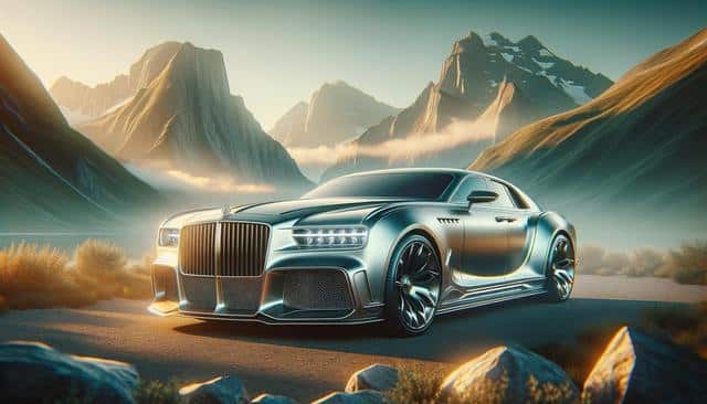A sleek, futuristic silver car on a scenic mountain road with misty peaks in the background.